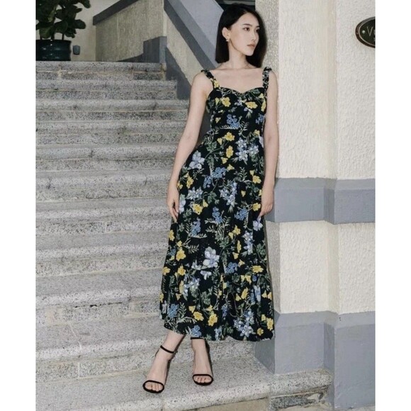 ZARA NWT WOMAN SS24 BLACK/YELLOW FLORAL PRINT MIDI DRESS Large $80 Ref 2157 052 - Picture 1 of 15